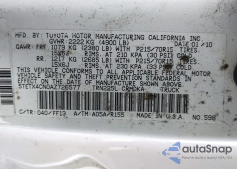 2010 Toyota Tacoma z USA, uszkodzony, nr VIN 5TETX4CN0AZ726577